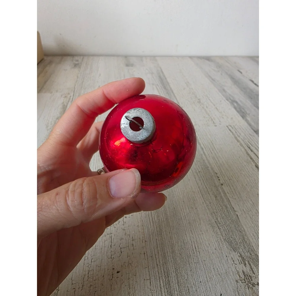 Vintage red Santa dear stencil glass ornament reindeer scene Xmas tree
